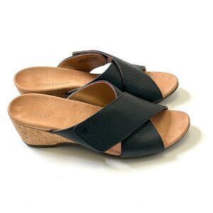 Vionic Leticia Black Pebbled Leather Wedge Sandal Sz 8 Comfy Adjustable Strap